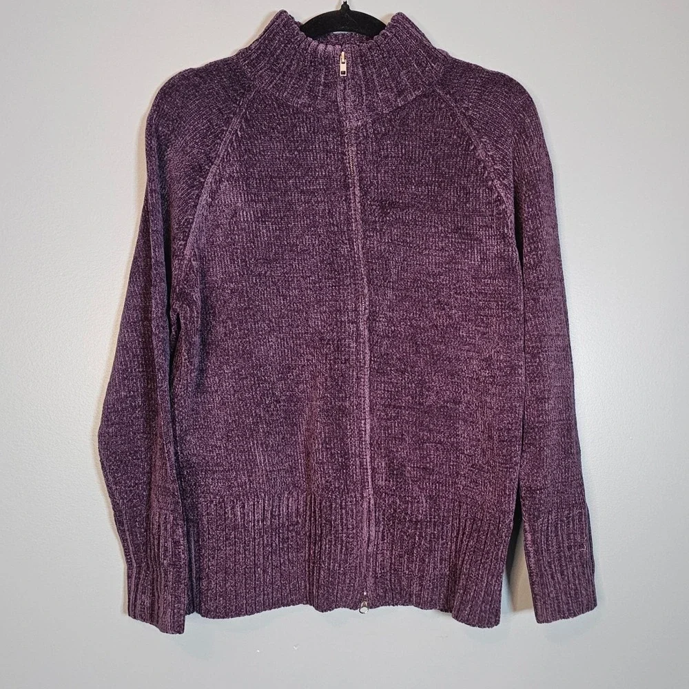 NWOT DENIM & CO Women's Purple Full Zip Chenille Knit Sweater Cardigan Size S - Picture 1 of 4